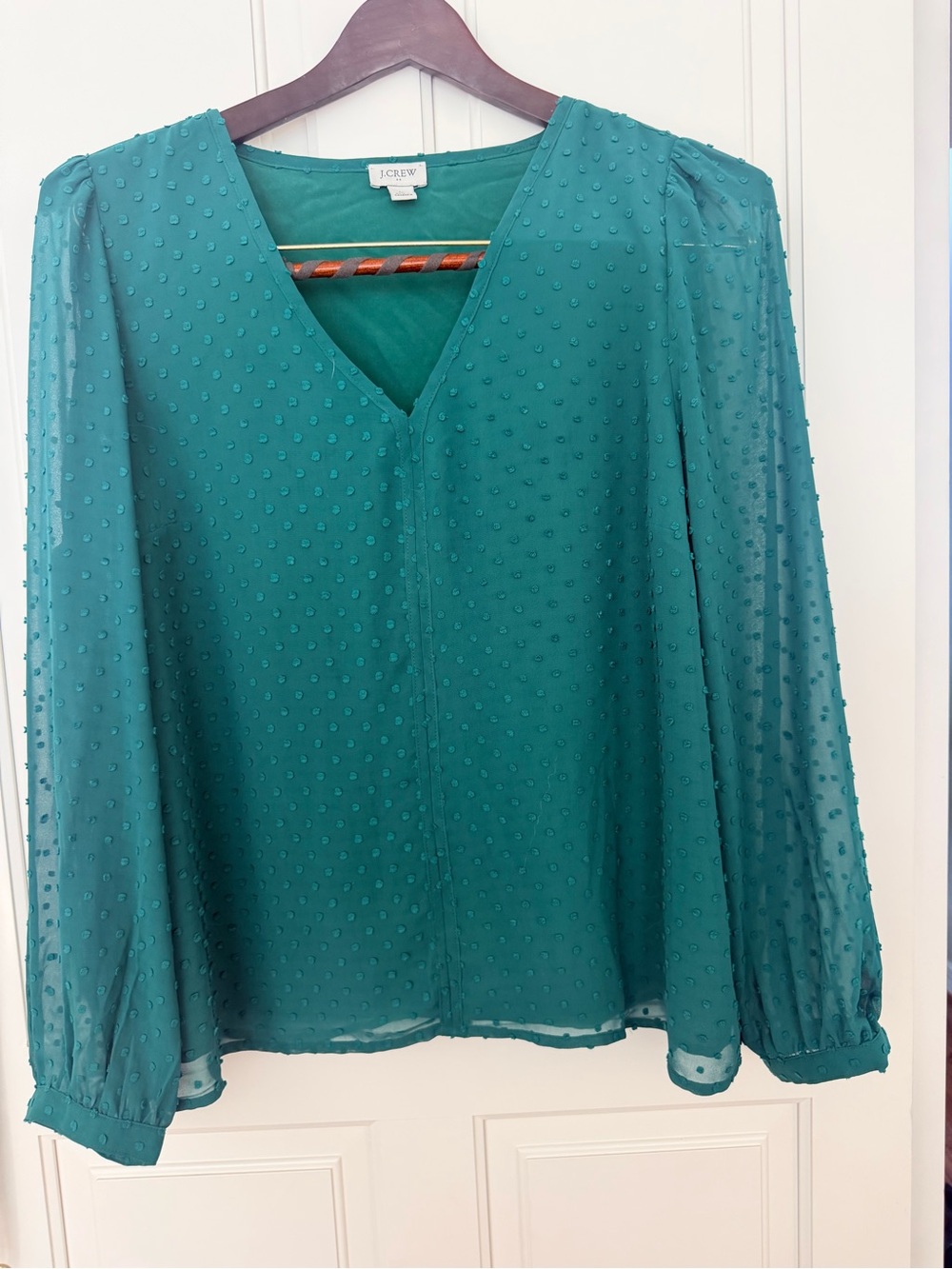 J. Crew Teal Swiss Dot V-Neck Long-Sleeve Blouse